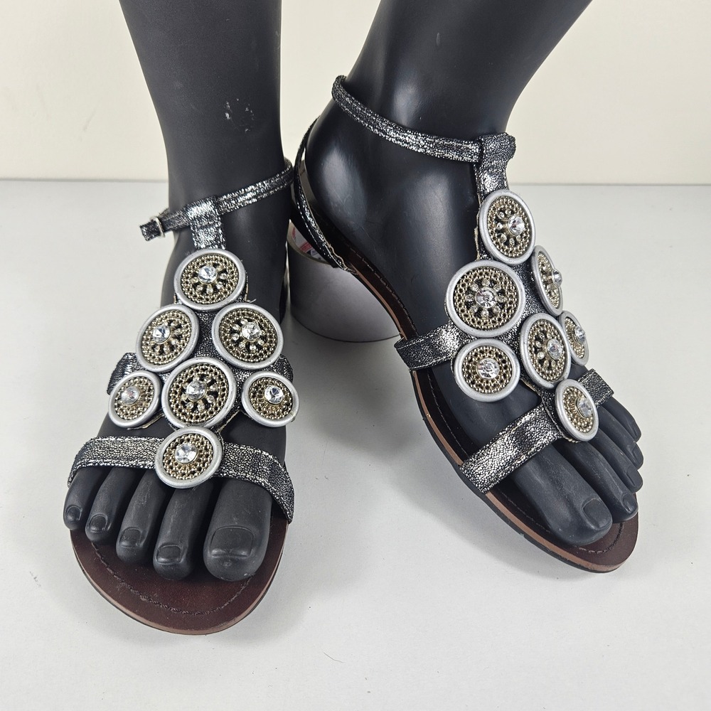 Celeste Womens ~7.5 Silver Metallic Jeweled Medallion Gladiator Sandals Flat